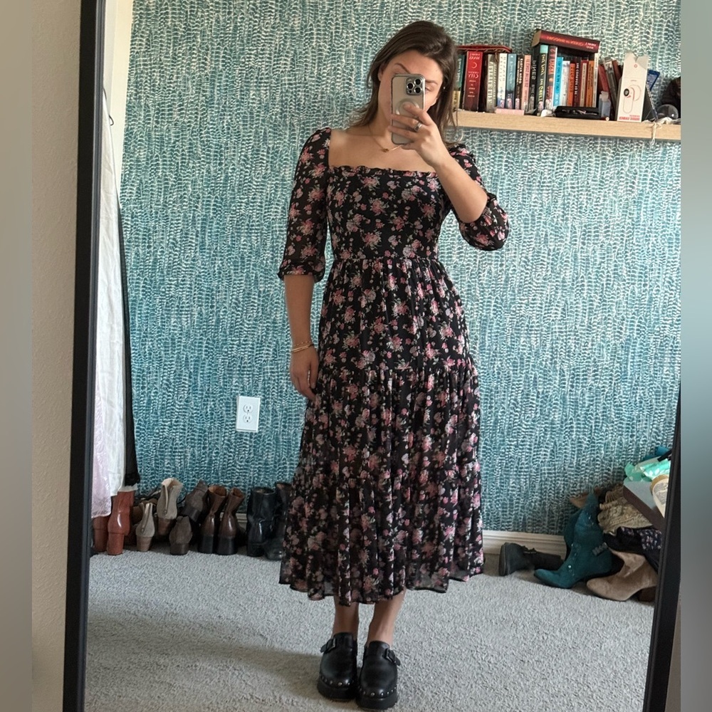 Edit by Nine Smocked Puff Sleeve Floral Milkmaid cottagecore midi dress